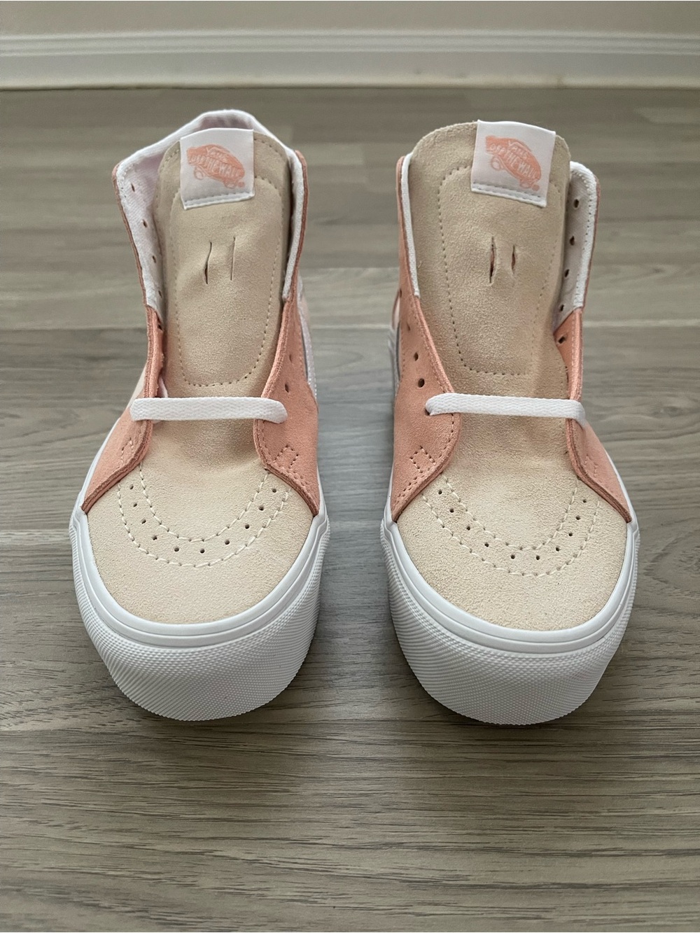 Vans Sk8-Hi Stackform High-Top Platform Sneakers in Peach Colorblock and White - Picture 2 of 6